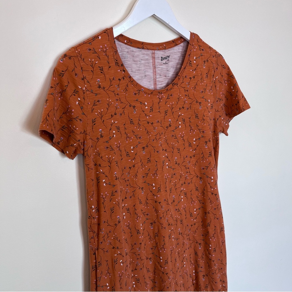 Duluth Trading Co. Women's Go-To T-Shirt Dress Floral Orange Small Stretch Shift - Picture 2 of 7